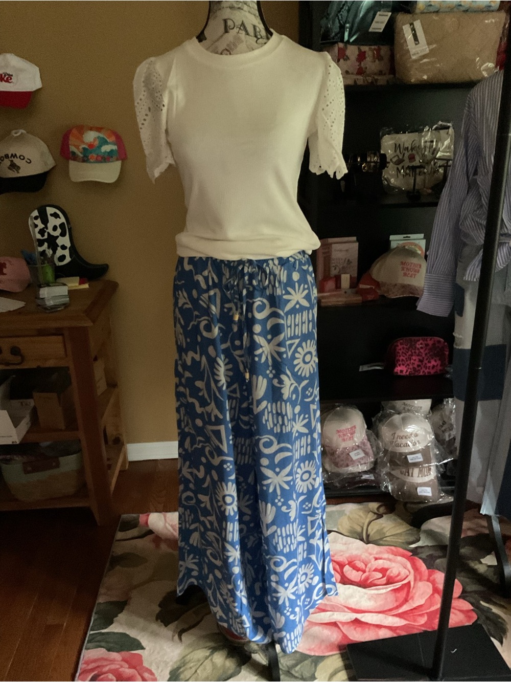 Very J Blue and White Wide-Leg Printed Palazzo Trousers